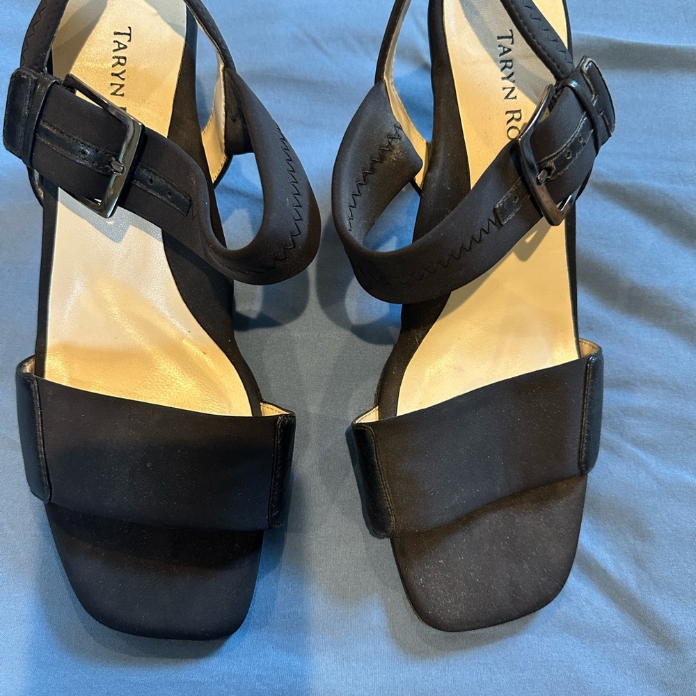 Taryn Rose Journey Black Stretch Fabric/ Leather Strappy Heels Size 8.5